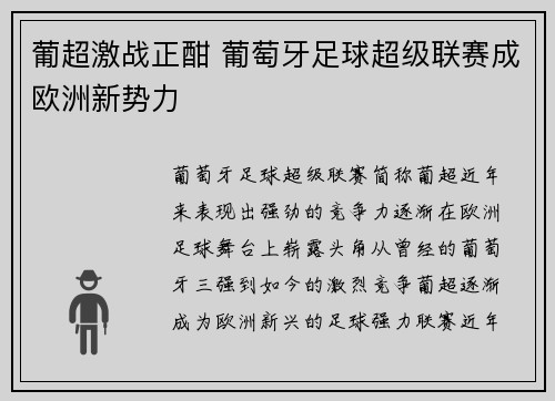 葡超激战正酣 葡萄牙足球超级联赛成欧洲新势力